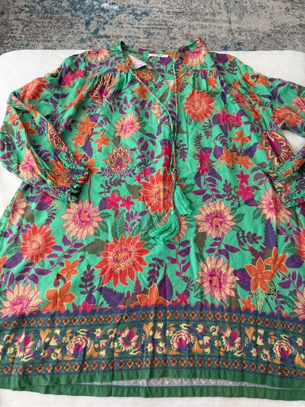 Natural Life Dara V-Neck Mini Dress Green Floral Size Large Boho D87